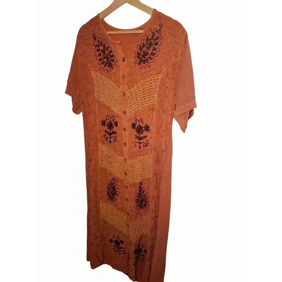 Vintage Boho Terracotta Maxi Dress with Crochet Accents and Floral Embroidered L - Picture 3 of 13
